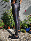 mens black holographic meggings with pockets sparkly festival leggings