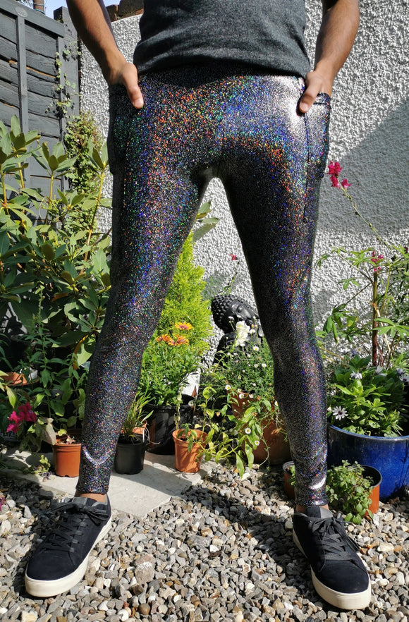 mens black holographic meggings with pockets sparkly festival leggings