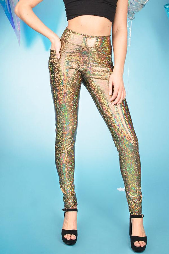 Gold Holographic Festival Leggings Sparkly Pants MADWAG