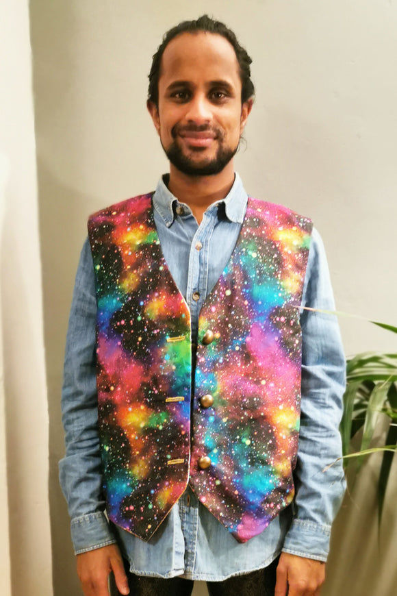 Cosmic Galaxy Stars Colourful Patterned Waistcoat Reversible Gold Festival MADWAG Buttoned