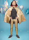 Holographic gold men's leggings meggings MADWAG festival pants and gold reversible hooded cape
