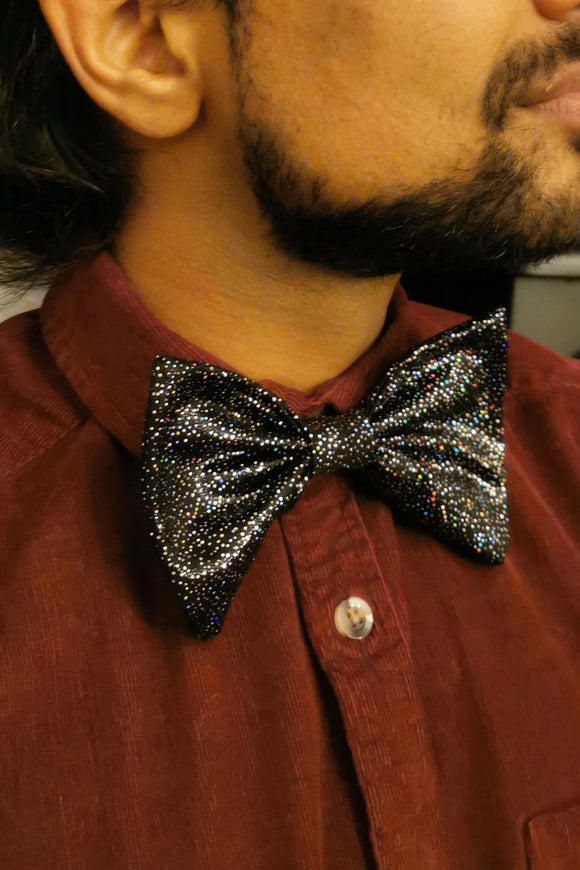 Black Holographic Bow Tie Elasticated Dicky Bow MADWAG Sparkly Glittery Fun Silly Gift Stocking Filler