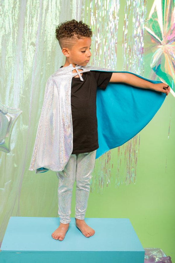 Kids Boys Reversible Holographic Silver Snakeskin Blue Sparkly Cape MADWAG